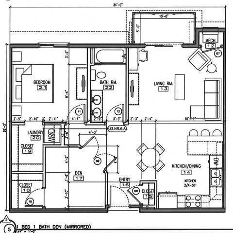 Floor plan for 1 bed, 1 bath, 898 sqft